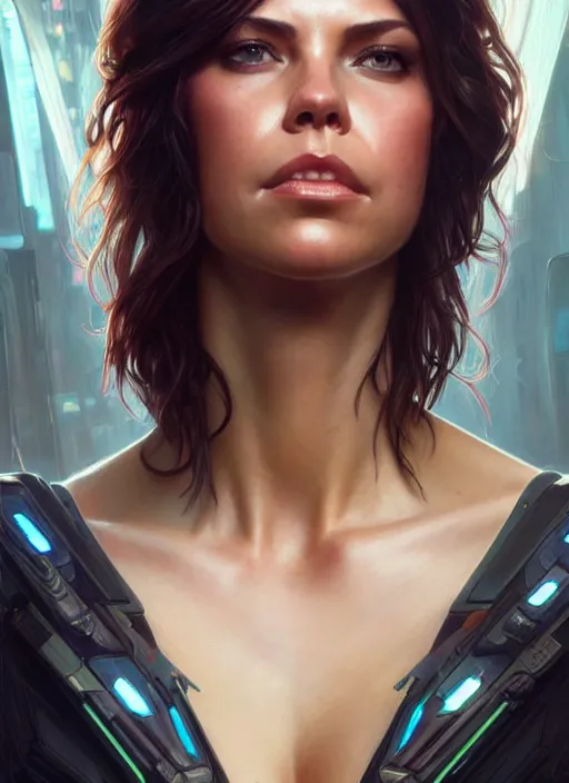 Image similar to lauren cohan with cyberpunk implants,, incredibly detailed face, pretty face, light dress, deep focus, fantasy, intricate, elegant, digital painting, artstation, concept art, matte, sharp focus, true anatomy, art by artgerm and greg rutkowski and alphonse mucha