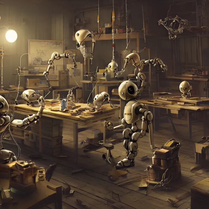 Prompt: crew of robot workers building giant mouse movie prop head in quaint workshop, octane render, 4 k ultra hd, hyper - detailed, realistic, seedy lighting, sharp focus, in style of beeple