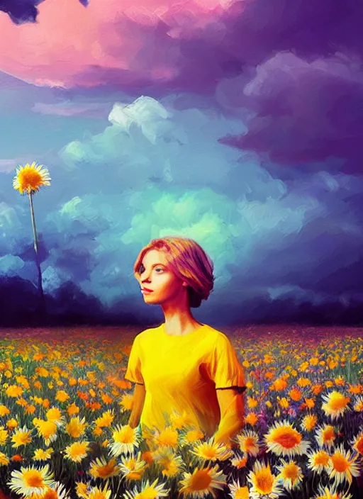 Image similar to girl face made of giant daisies, standing in a flower field, holding flowers, surreal photography, sunset dramatic light, impressionist painting, colorful clouds, large sky, digital painting, artstation, simon stalenhag