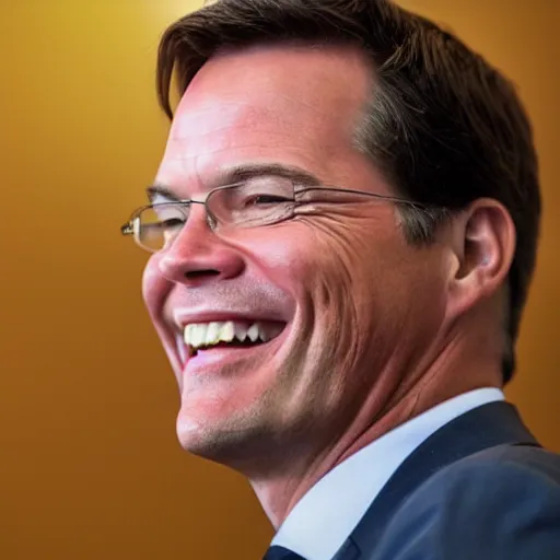 Prompt: closeup portrait of mark rutte dutch prime minister laughing, photography