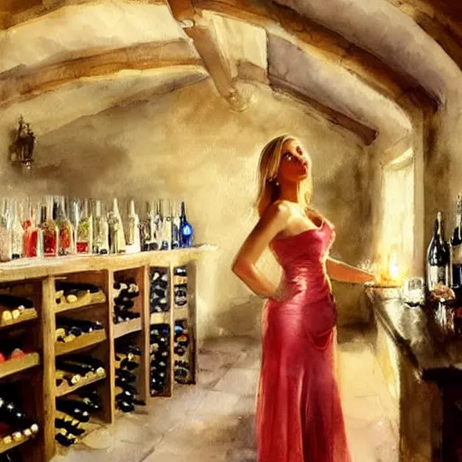 Image similar to beautiful blonde in hot dress in a wine cellar, food, pork, beer, schnapps, rustic, traditional, torches on the wall, watercolor by vladimir volegov and anders zorn, highly detailed, beautiful interior, masterpiece