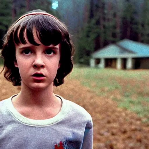 Image similar to A still of Eleven from Stranger Things giving the Kurbick stare in The Shining (1980)