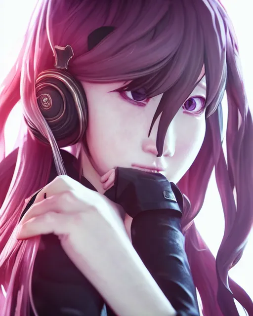 Image similar to beautiful portrait of a woman with pastel long hair with her eyes closed with headphones on in the style of a code vein character, tzuyu from twice in code vein in the style of WLOP, artgerm, yasutomo oka, rendered in unreal engine and redshift octane , dynamic dramatic lighting, soft lighting, imagine fx, artstation, cgsociety, by Bandai Namco artist, background is surrounded by epic neon glitch effect digital art