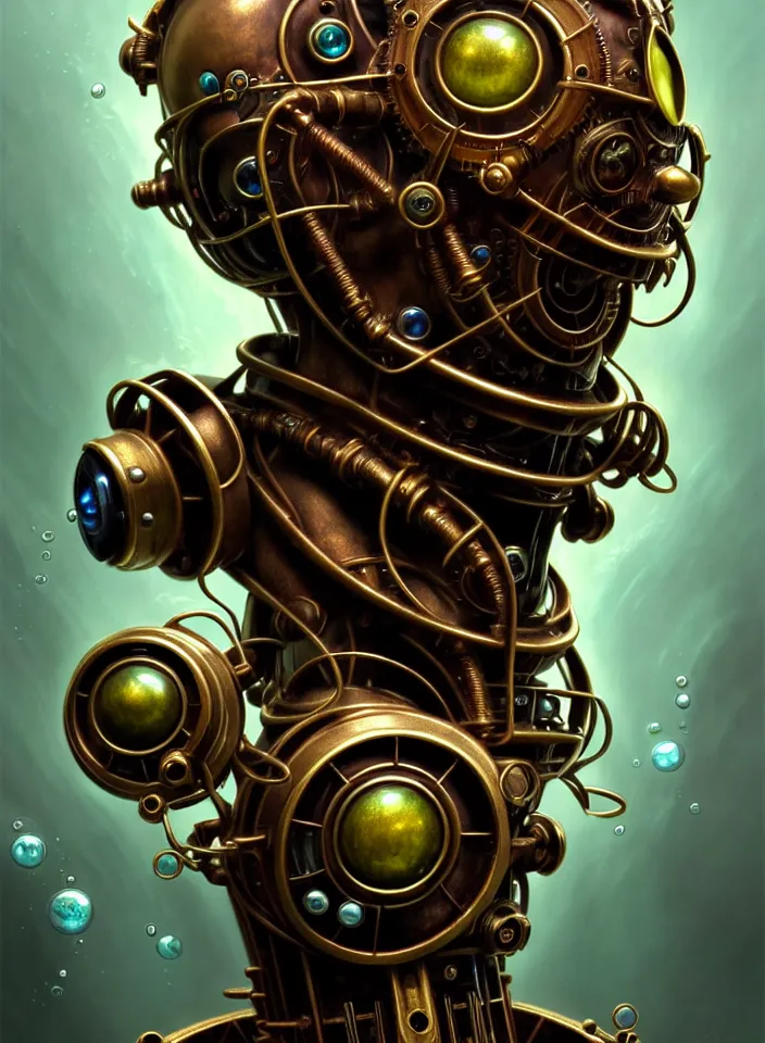 Image similar to symmetry!! close face portrait of a steampunk robot from bioshock, vintage, bronze metal!! underwater atmosphere, intricate, serene, highly detailed, digital painting, artstation, symmetric concept art, smooth, sharp focus, illustration, art by artgerm and greg rutkowski and alphonse mucha, 8 k