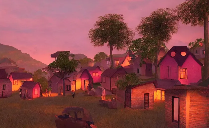 Prompt: village, houses with faces, sunset atmosphere, pink, low contrast, light, naive, detailed, cinematic lighting + masterpiece