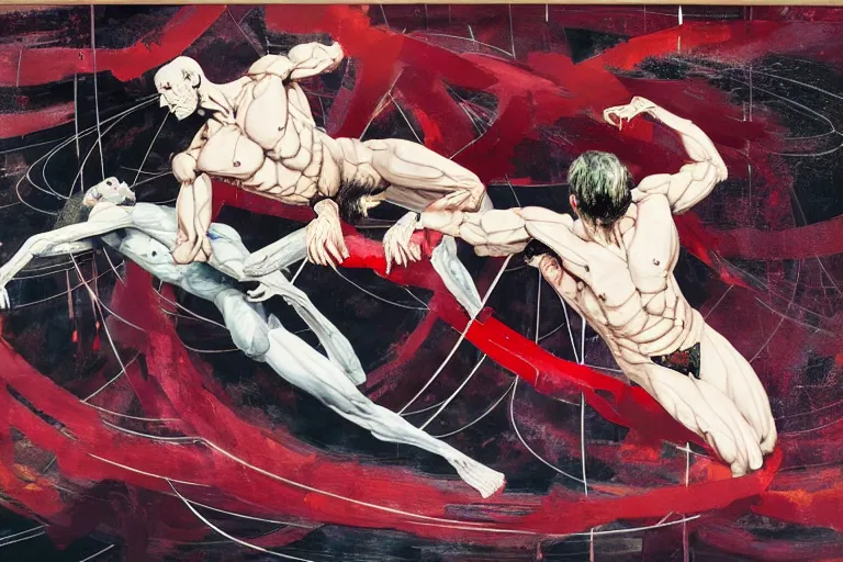 Image similar to two muscular men entwined, floating in space, zero gravity, inside a brutalist space ship, gothic, rich deep colours, painted by francis bacon, adrian ghenie, james jean and petra cortright, part by gerhard richter, part by takato yamamoto. 8 k masterpiece