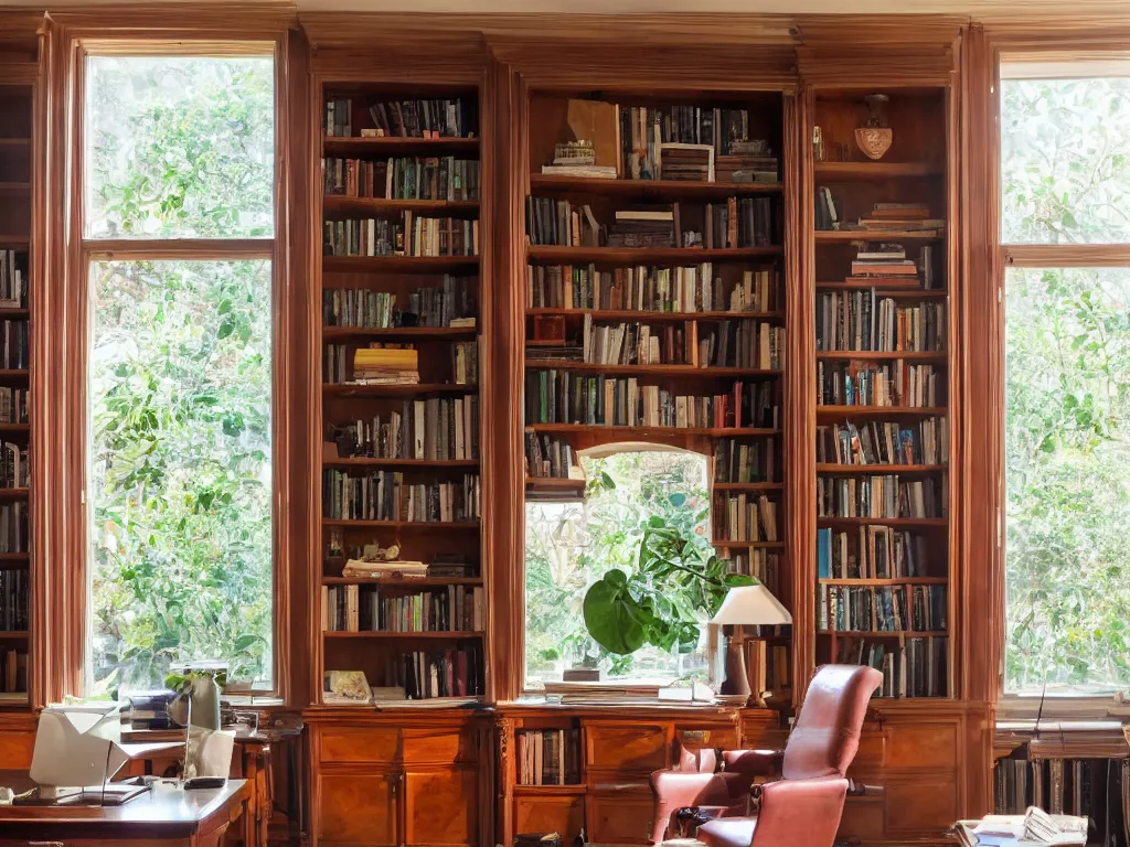 Image similar to A beautiful office room with mahogany bookcases and many beautiful plants and sunset light coming through the windows