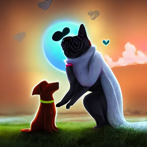 Prompt: a dog and a ghost who are friends, digital art, hearts in the background, unreal engine