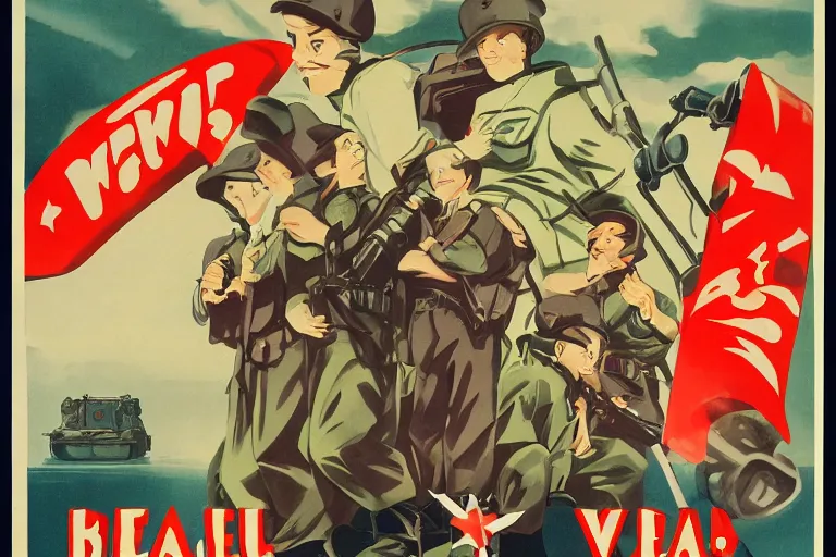Image similar to 1940s, war, anime, poster, smiling tanks