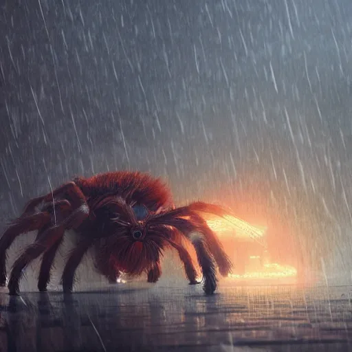 Image similar to A colossal tarantula walking in the rain, cinematic lighting, dramatic atmosphere, by Dustin Nguyen, Akihiko Yoshida, Greg Tocchini, Greg Rutkowski, Cliff Chiang, 4k resolution, trending on artstation,1900s