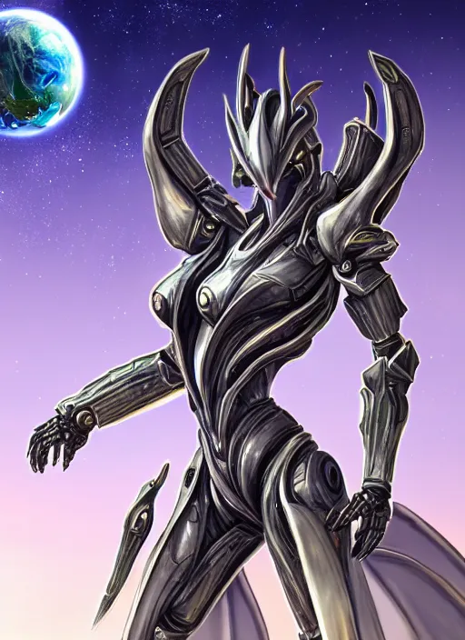 Image similar to goddess shot, galactic sized stunning beautiful anthropomorphic robot mecha female dragon, in space, larger than planets, posing elegantly, holding earth in sharp claws, detailed silver armor, epic proportions, epic scale, ultra detailed digital art, furry art, macro art, dragon art, giantess art, warframe fanart, furaffinity, deviantart, realistic