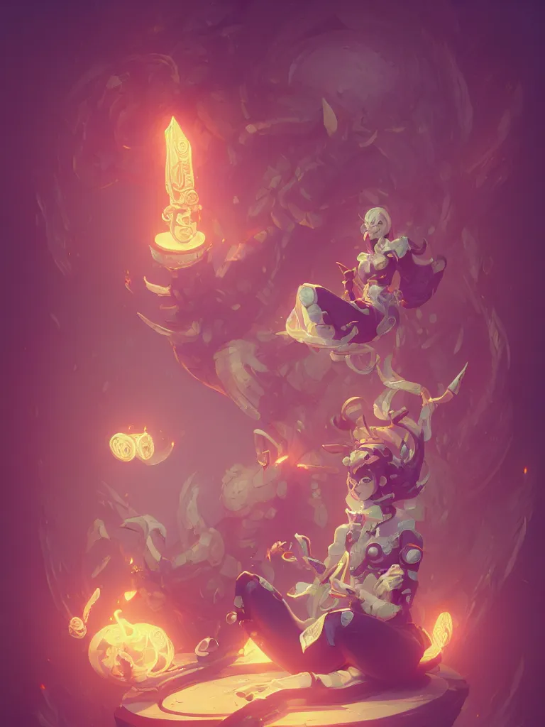 Image similar to a tiny cute demon floating while meditating and wrapped in sacred scrolls, smooth, intricate, elegant, digital painting, artstation, power runes, pulsing energy, concept art, sharp focus, octane render, illustration, art by josan gonzalez, overwatch character,