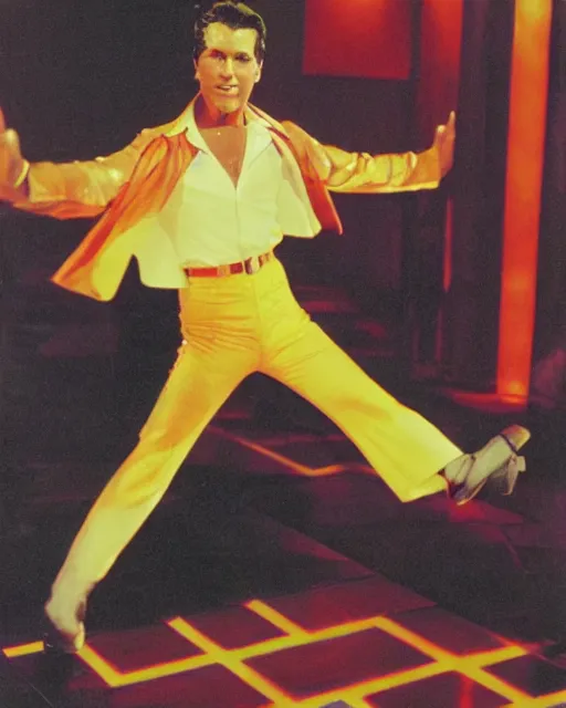 Image similar to leonard nimitz as orange suited tony manero in saturday night fever dancing at a disco with a glowing illuminated multicolored square tile floor