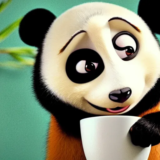 Image similar to a cute panda with big eyes looking at a cup of coffee, bamboos on background. Pixar Disney 4K 3d render funny animation movie Oscar winning trending on ArtStation and Behance. Ratatouille style.