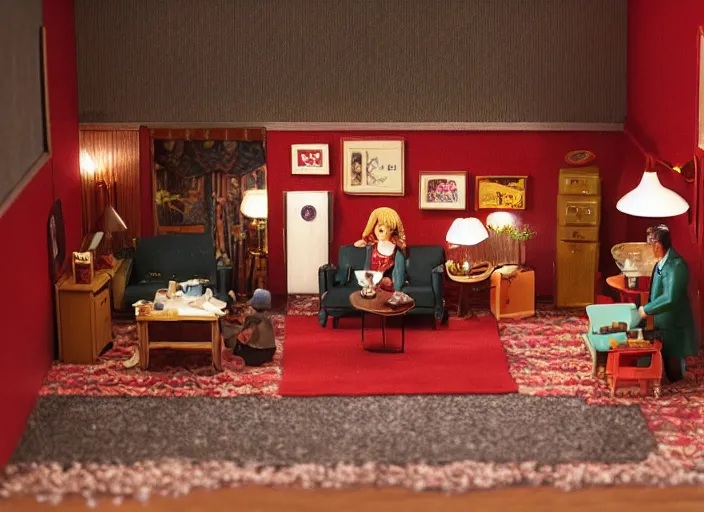 Image similar to Still frame the retro Twin Peaks, depicting the red room scene from Twin Peaks, made by doll miniatures diorama, directed by Nobuhiko Obayashi