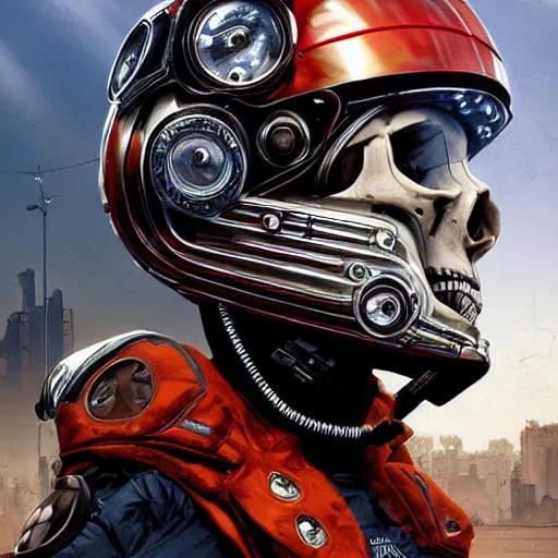 Image similar to a portrait of an cyborg vintage skull no teeth in a racing helmet by sandra chevrier, detailed render, epic composition, cybernetics, 4 k realistic, cryengine, realistic shaded lighting, sharp focus, masterpiece, by matteo scalera, gary montalbano, peter elson in the style of the tokyo ghost comic