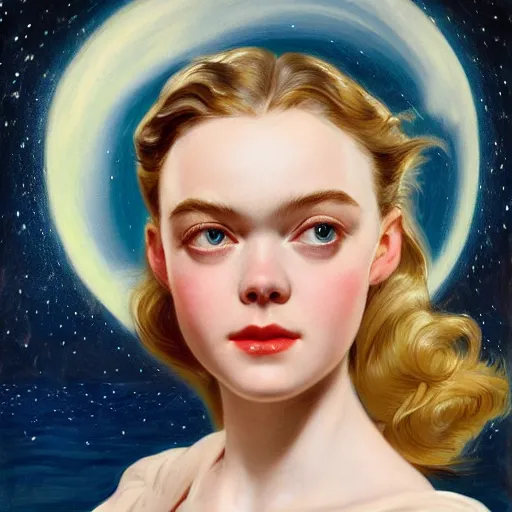 Prompt: leyendecker and peter paul rubens, head and shoulders portrait of a elle fanning, nighttime, on the beach, starry sky, unreal engine, fantasy art by global illumination, radiant light, detailed and intricate environment