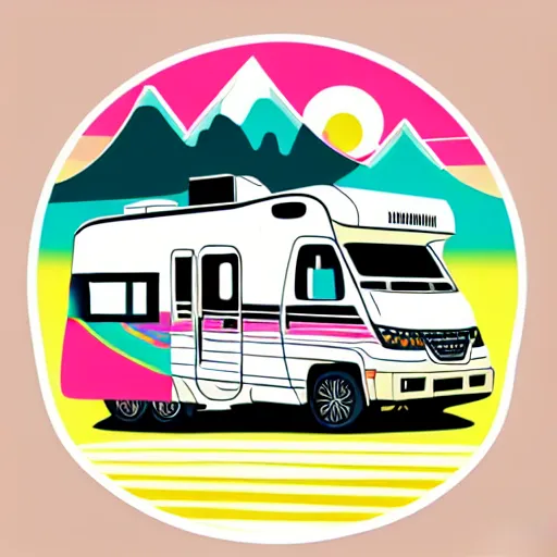 Image similar to minimal vector art sticker of a white and black cute thor chateau! motorhome camper!!, mountains, colorful sunset!!, dramatic, warm happy colors, thick lines, very minimal vector art, sticker!! by tom whalen