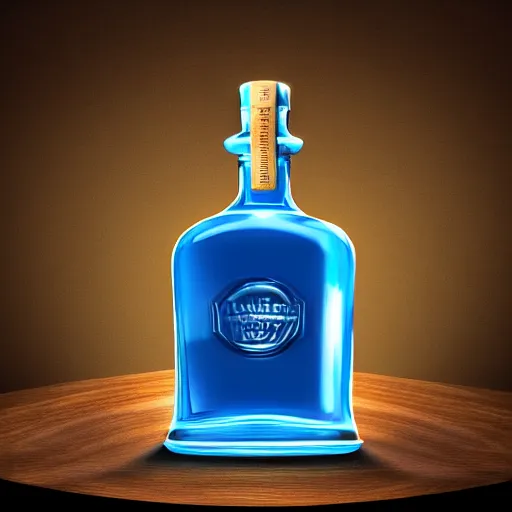 Image similar to A highly detailed digital art of a bottle of blue whiskey on a round table, volumetric lighting, 4k resolution, warm,