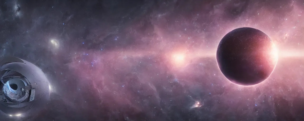 Image similar to movie still, thin galactic horizon, a dark epic galaxy, space scene, dark scifi, unreal engine, octane render, detailed and intricate, global illumination, volumetric lighting, hubble telescope images, james webb telescope images, houdini fluid simulation, detailed and intricate environment