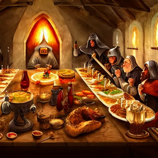 Image similar to medieval feast with drinking, artstation, fantasy