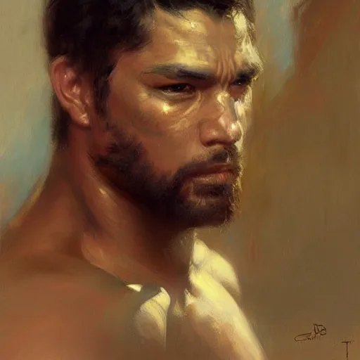 Prompt: Gladiator, muscular, asian, handsome, detailed face, correct face, painting by Gaston Bussiere, Craig Mullins