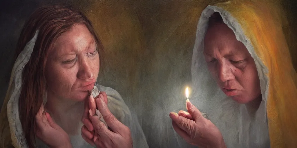 Prompt: very detailed hyper realistic oil painting of a bitter person having a spiritual rebirth