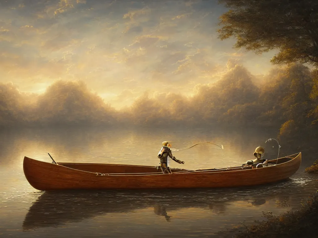 Image similar to simple retro robot, fishing in a wooden canoe, whimsical, highly detailed, michael cheval, peter mohrbacher, boris vallejo, jessica rossier, oil painting, highly detailed, cinematic lighting, tilt shift, golden hour