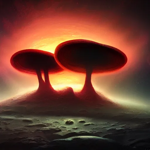 Prompt: concept art of an alien fungal landscape with red sky and dramatic lighting, ringed planet in sky