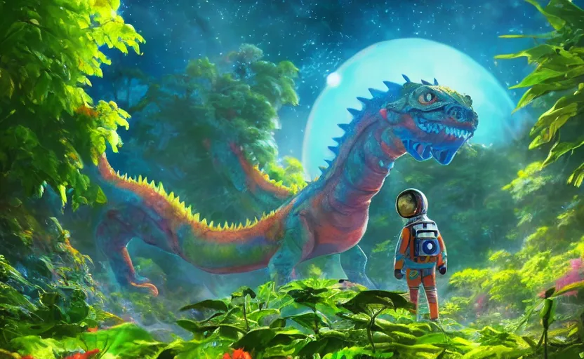 Image similar to a still of a cute adorable tiny astronaut, on a planet of lush colorful foliage, with an enormous kaiju dragon surrounding the full background, magical forest, sharp focus, neon backlit, highly detailed, disney pixar studio ghibli makoto shinkai, digital painting, matte, octane render, global illumination, iridescent, anime, 8 k concept art