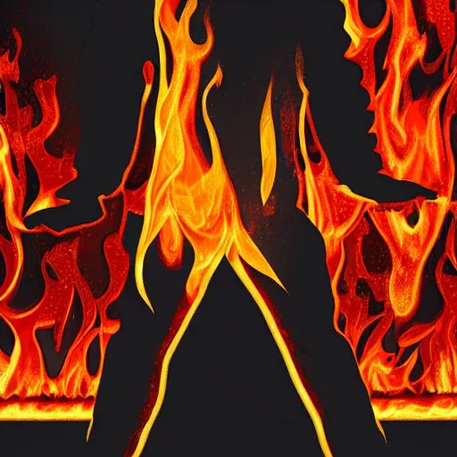 Image similar to a man wearing pants that are on fire, digital art
