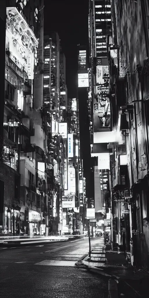 Image similar to street view of a dark cyber noir city, night, photoreal 35mm 8k photography