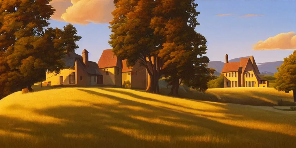 Image similar to a wooden manor on a hill in the countryside, golden hour, summer, painting by kenton nelson