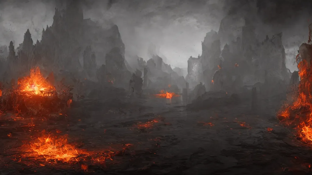 Image similar to underworld and inferno comes alive photorealistic, fire, particles, concept art, 8K, concept art, DSLR, filmic, HDR, Unreal Engine, volumetric lighting, Dark art