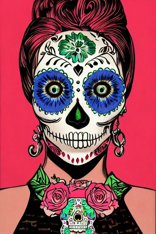 Image similar to Illustration of a sugar skull day of the dead girl, art by syd mead