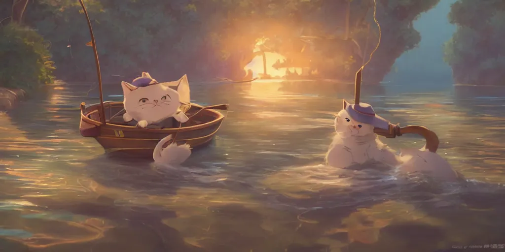 Image similar to a wholesome animation key shot of a cute cat on a fishing boat wearing a sunhat, studio ghibli, pixar and disney animation, sharp, rendered in unreal engine 5, anime key art by greg rutkowski, bloom, dramatic, dynamic lighting