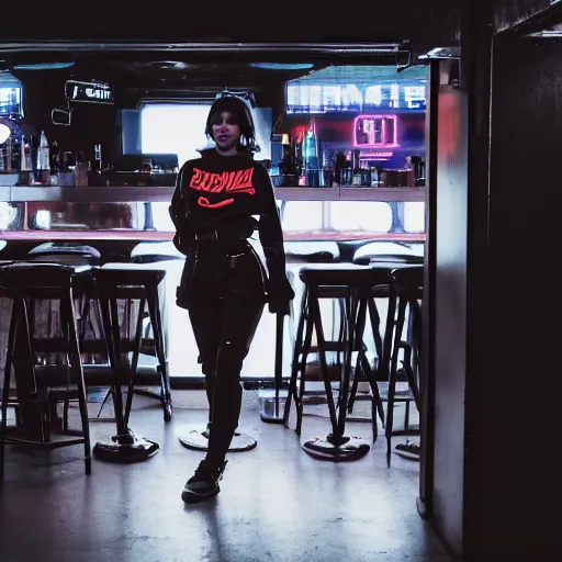 Image similar to photograph of a retro techwear women loitering near the bar of a packed busy rundown nightclub, retrofuturism, brutalism, cyberpunk, sigma 85mm f/1.4, 35mm, tilted frame, long exposure, 4k, high resolution, 4k, 8k, hd, wide angle lens, highly detailed, full color