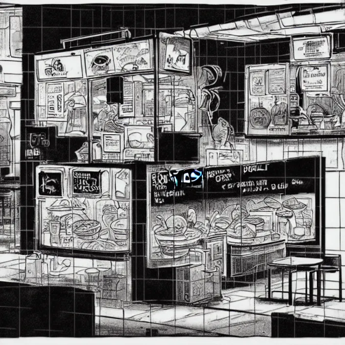 Image similar to poor quality food, water, and gruel : on a table. inside a dirty automated kiosk. bright tasty food options displayed on a wall. black tiles on walls. black and white, pencil and ink. by gabriel hardman, joe alves, chris bonura. cinematic atmosphere, detailed and intricate, perfect anatomy