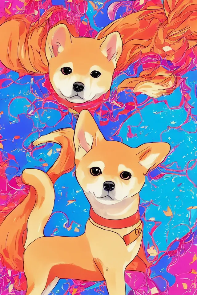 Image similar to a portrait of a shiba inu, in the art style of 8 0 s anime, japanese city pop color palette, naoko takeuchi, hajime yatate