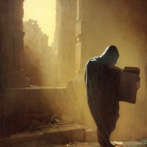 Image similar to half portait of magican wearing a closed cowl with big old book!, jeremy mann, jean leon gerome, tiepolo, alphonse mucha, greg rutkowski, face in the shadows, ( ( ruins of ancient rome ) ), at dusk, mysterious atmosphere, sunrays, dof, masterpiece, high detailed, 8 k