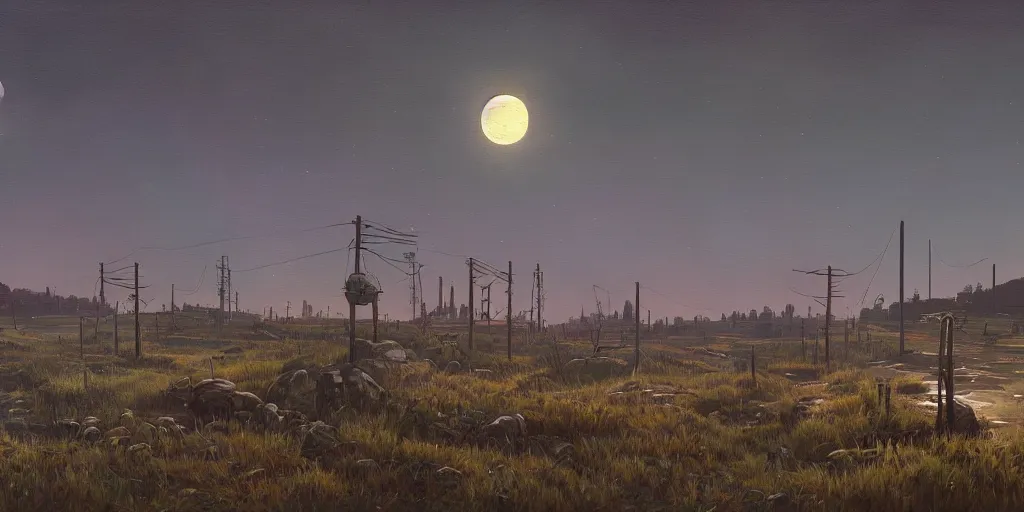 Image similar to abandoned civilisation at full moon night, landscape painted by simon stalenhag