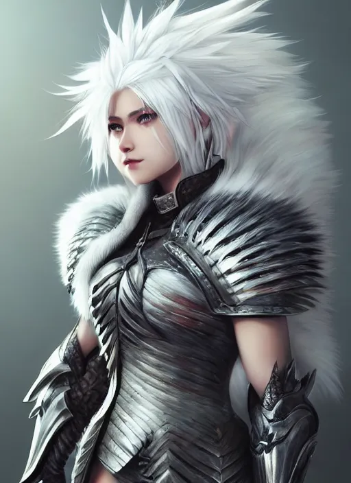 Image similar to warrior, fur - lined armor!!! beautiful and gorgeous white haired female!! monster hunter!! character concept art, sharp focus, octane render! unreal engine 5! highly rendered!! trending on artstation!! detailed linework!! illustration by artgerm, wlop, and chie yoshii