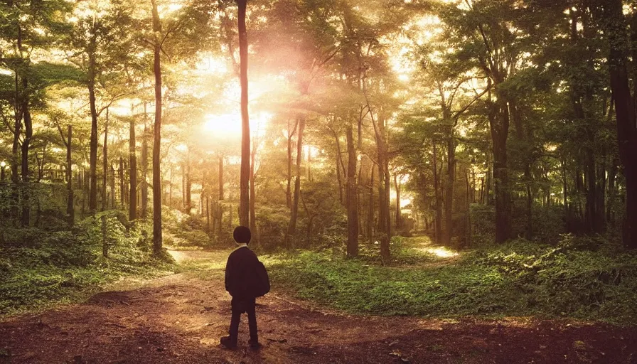 Image similar to 1 9 9 0 s candid 3 5 mm photo of a beautiful forest in tokyo, cinematic lighting, cinematic look, golden hour, the clouds are epic and colorful with cinematic rays of light, a boy walks down the center of the forest with a beanie on, photographed by petra collins, uhd