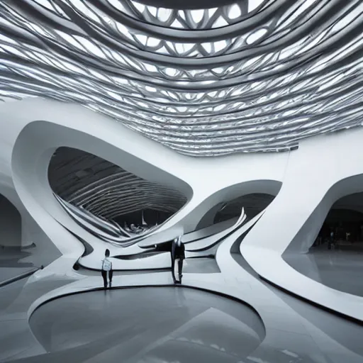 Prompt: extremely detailed stunning beautiful futuristic museum interior by Zaha Hadid