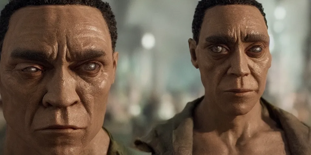 Prompt: martian manhunterm, dc character live action played harry lennix, green skin, real life, spotted, ultra realistic face, accurate, 4 k, movie still, uhd, sharp, detailed, cinematic, render, modern