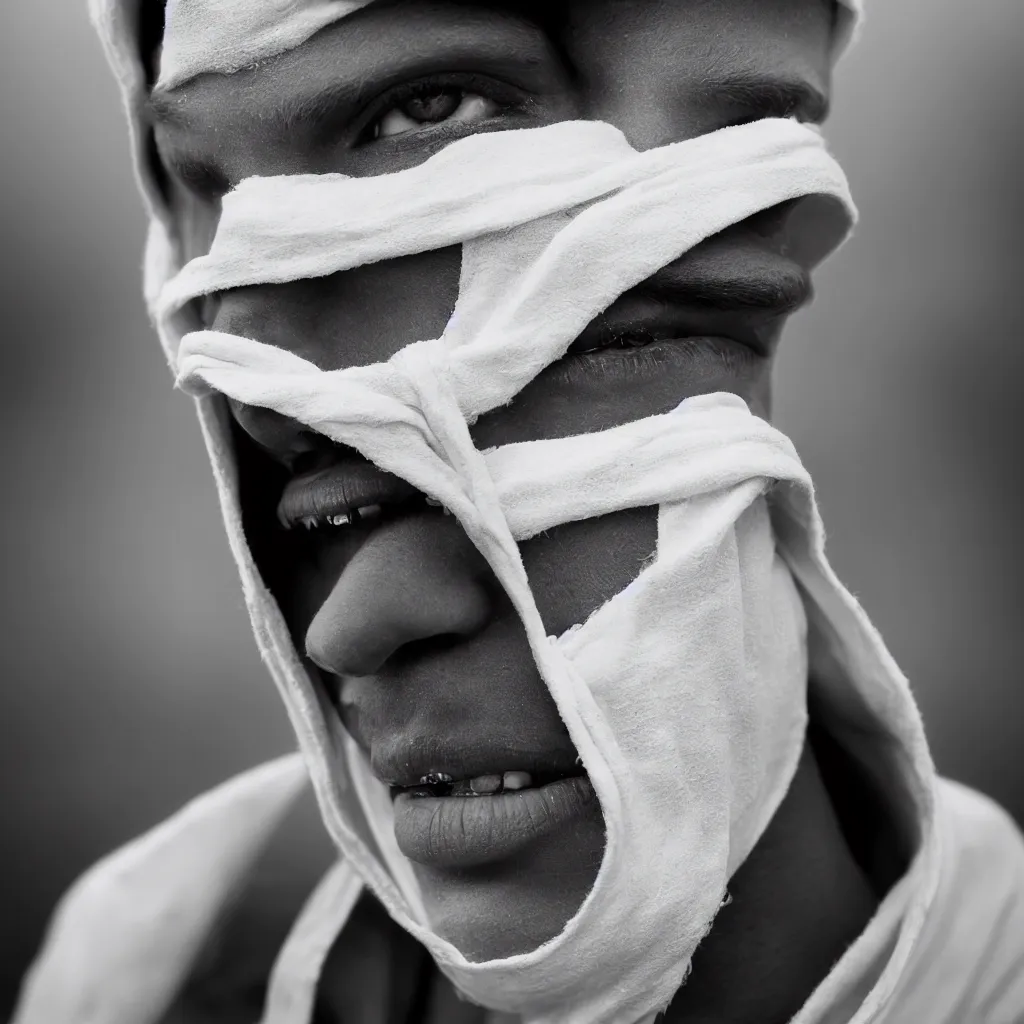 Image similar to Extreme Close-Up (ECU) vintage black and white portrait photo of a young man dressing in white robes wearing white masks in the field, cinematic lighting, cinematic composition, cinematic atmosphere, misty foggy. Vogue photography Sigma 85mm f/5-6.3 lens, portrait winning photograph.