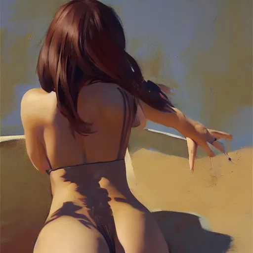 Image similar to greg manchess portrait painting of yorha type a no. 2 from behind in a bikini, organic painting, sunny day, matte painting, bold shapes, hard edges, street art, trending on artstation, by huang guangjian and gil elvgren and sachin teng