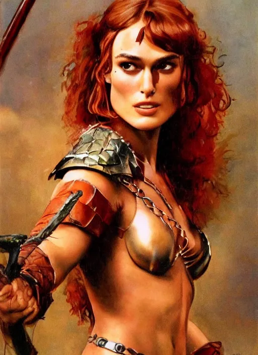 Image similar to Portrait of Keira Knightley as Red Sonja, painted by Frank Frazetta, highly detailed, 8k