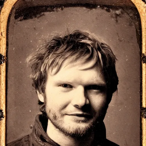 Image similar to daguerreotype ambrotype of scruffy - looking old ed sheeran in a dirty mining uniform, highly detailed,