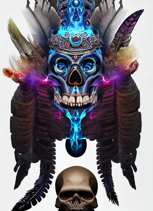 Image similar to 3 d shaman with tattoos profile portrait, sigma 5 0 0 mm f / 5. beautiful intricate highly detailed quetzalcoatl skull and feathers. bioluminescent, plasma, lava, ice, water, wind, creature, thunderstorm! artwork by tooth wu and wlop and beeple and greg rutkowski, 8 k trending on artstation,